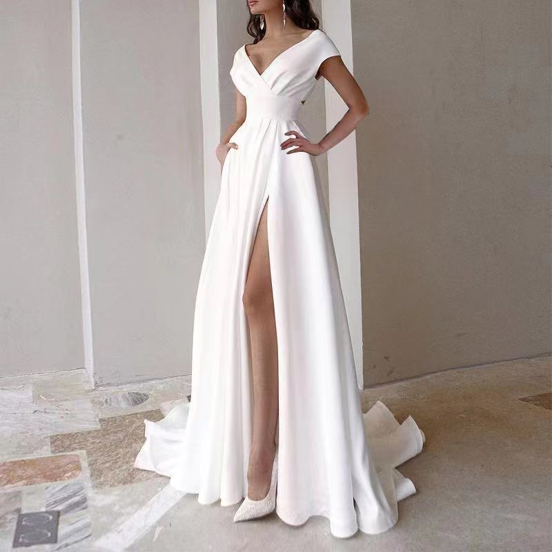 Sleeveless Sexy V-Neck Open Back Sheath A-Line Satin Side Pocket Sweep Train Wedding Dresses Bridal Gown